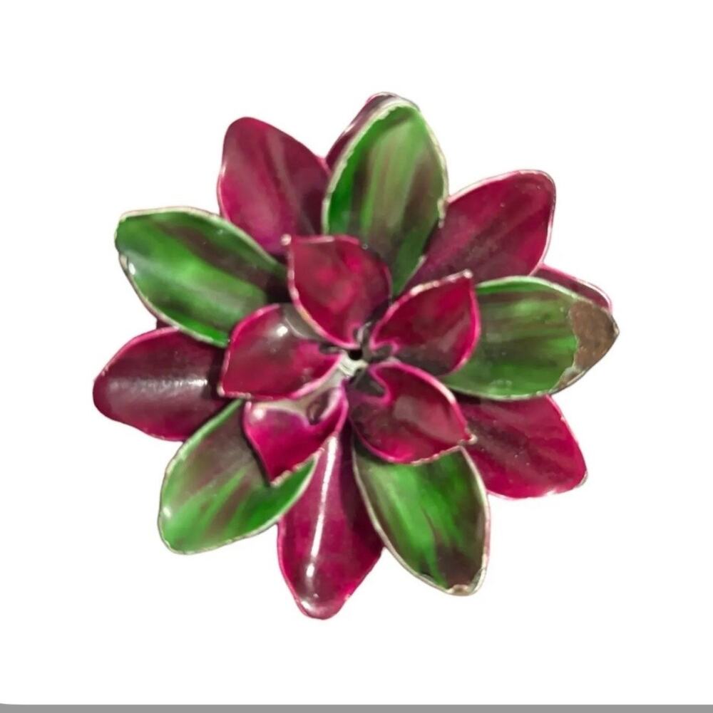 Vintage Pink Green Enamel Flower Brooch Mid Century Floral Pin Layered Statement
